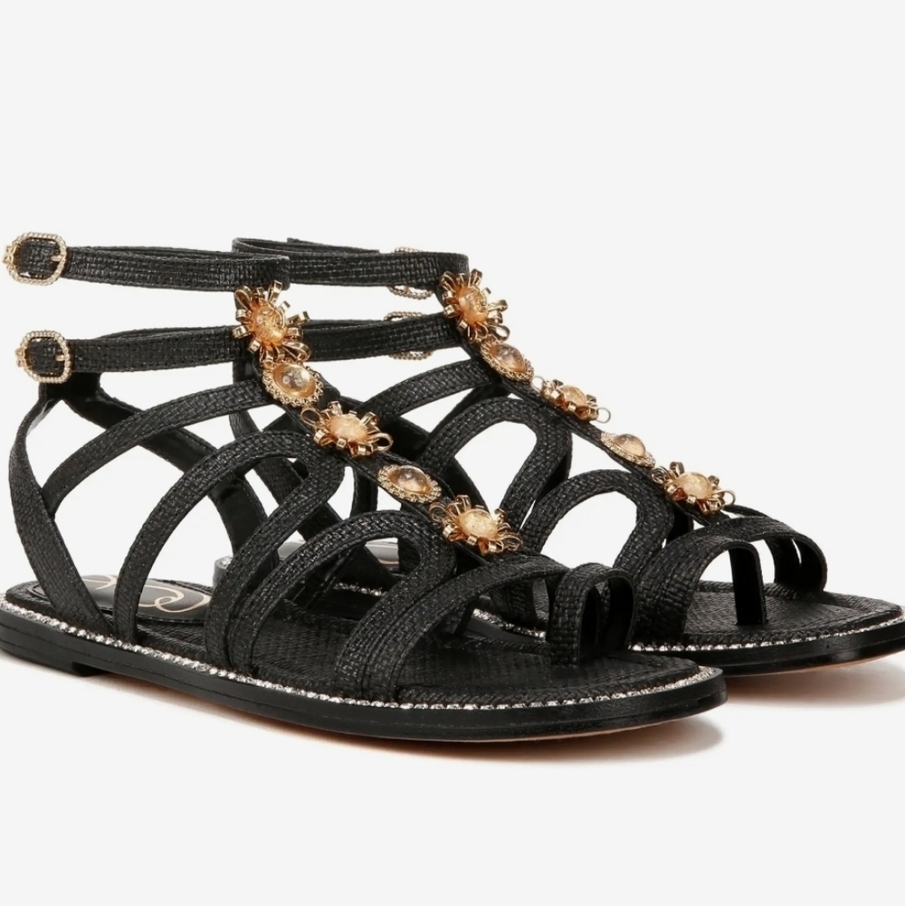 NEW Sam Edelman Women Tianna Black Sandals with Gold Floral Shoes 6.5M